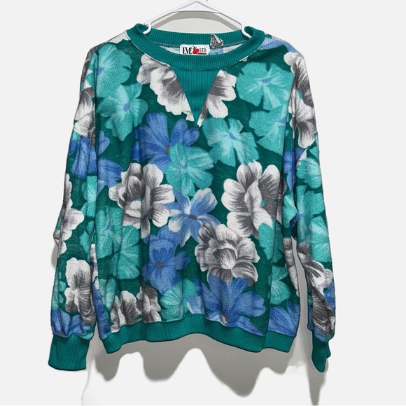 Eve Sweaters - Vintage E.V.E LTD Floral Teal and Blue Oversized Sweater